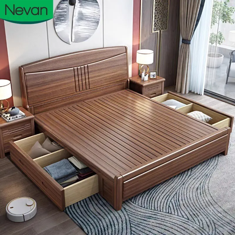 Горячая распродажа, современная мебель для дома, спальни, Классическая оптовая продажа, однотонная деревянная кровать размера "queen-size", деревянные кровати с выдвижным ящиком