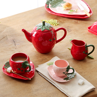 Joli service à thé en céramique vintage 900cc, motif fraise rouge rose sous glaçure haute température, avec tasses à thé de l'après-midi et coffret cadeau