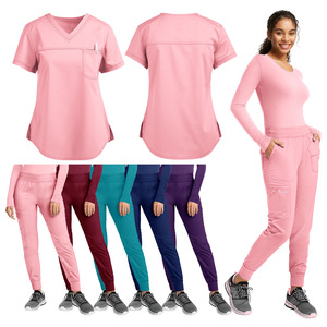 Women's Scrub Set V-Neck Short Sleeve Knitted Breathable Jogging Uniform Pink Navy Blue Purple Burgundy Lake Blue S XXL - Product Image 2