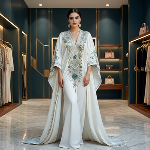 Luxurious Handmade Vintage Straight Women's Palestine Thobe Elegant Crystal Embellished Breathable Satin Knee-Length Evening - Product Image 2