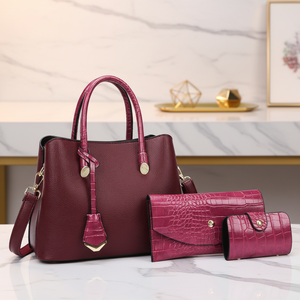 Ensemble de sacs à main 3 pièces pour <span class=keywords><strong>femme</strong></span> en cuir imperméable grainé, sac à bandoulière avec pochette et portefeuille à motif litchi - Product Image 2
