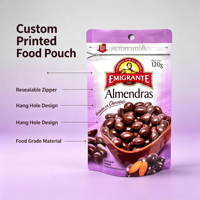 Sachet refermable personnalisé imprimé avec trou de suspension en plastique alimentaire pour snacks, noix et chocolat