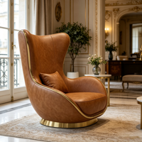 Fauteuil d'appoint pivotant marron à dossier haut avec base en métal doré, fauteuil de salon rembourré résistant à l'usure pour villa, hôtel, hall d'entrée
