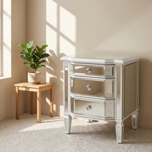 Modern White Solid Wood Leonore <strong>Mirrored</strong> <strong>Bedside</strong> <strong>Table</strong> with 3 Drawers Bedroom Nightstand - Product Image 5