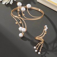 Classique Ensemble Bijoux Plaqué Or 2 Pièces Ligne Étagée Bague Perle Bracelet Jonc Perle Rouge Blanche pour Femme