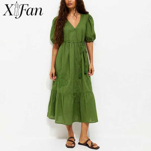 Vestido Elegante Personalizado para Mujer, con Bordado Floral, Corte en A, Casual, de Algodón, Cuello en V, Mangas Abullonadas, Tipo Camisero, con Cinturón - Product Image 1