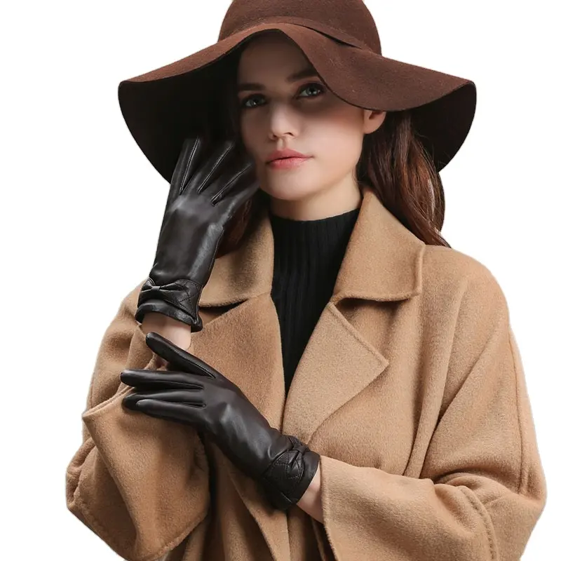 Handschoenen Lederen Fabrikant Mode Boog Knoop Bont Gevoerde Warme Winter Zwarte Vrouwen Lederen Handschoenen