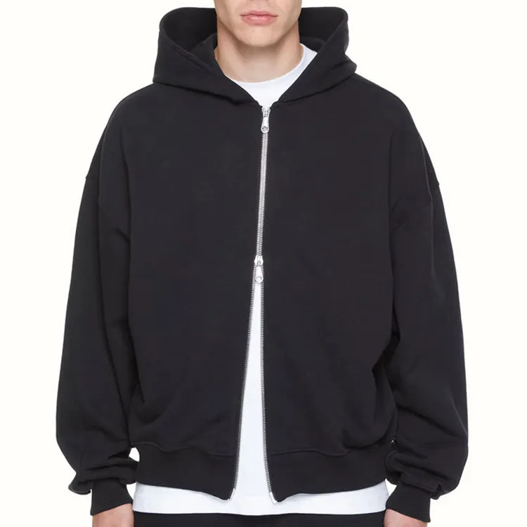 Men's 100% cotton Custom Logo drop shoulder Hoodies double Zip-up Hooded Sweatshirt oversize pullover Heavyweight men hoodie