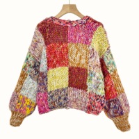 Pull en tricot d'hiver fait main E&L pour femmes, couleur bonbon, motif géométrique, design carré, style doux, pull pour femmes