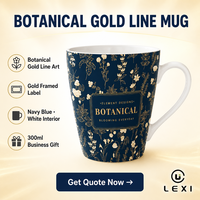 Mug en céramique 300 ml, motif botanique doré, intérieur bleu marine et blanc, étiquette encadrée or, logo personnalisé, cadeau d'affaires en gros