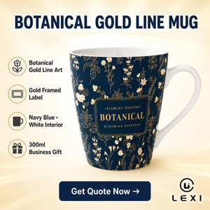 Tazza <span class=keywords><strong>in</strong></span> Ceramica <span class=keywords><strong>con</strong></span> Etichetta Dorata, Stampa Botanica Blu Navy <span class=keywords><strong>con</strong></span> Linee Dorate, Interno Bianco, Tazza da Caffè, Regalo Aziendale 300ml - Product Image 2