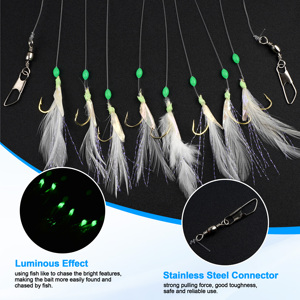 Appâts <span class=keywords><strong>de</strong></span> pêche en eau salée avec plumes, luminosuents, 8 en 1, hameçons en peau <span class=keywords><strong>de</strong></span> poisson véritable, perles <span class=keywords><strong>de</strong></span> pêche lumineuses, taille 12/14/16 - Product Image 4