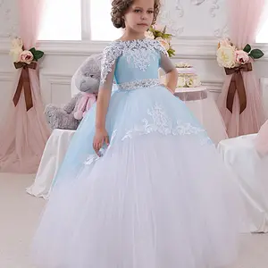 Half Sleeves Flower Girl Dresses Floral Applique Lace-Up Fluffy Ball Gown For Girl's Birthday Pretty Communion Dress Kids Wear