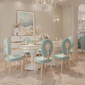 <span class=keywords><strong>Tavolo</strong></span> <span class=keywords><strong>e</strong></span> <span class=keywords><strong>sedie</strong></span> da pranzo ovali in legno massello bianco intagliato, stile lusso leggero francese, per 4 persone - Product Image 2