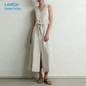 Fabricante de Ropa a Medida, Vestido Midi de Lino Simple, Corte en A, Sin Mangas, con Botones, para Mujer - Product Image 2