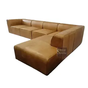 Sofa bagian bentuk L kulit antik kustom dengan sofa santai di tangan kanan & kiri sofa sudut kulit coklat antik