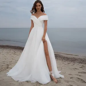 2022 Off Shoulder A-Line Chiffon Wedding Dress Simple Sexy V-Neck Bridal Wedding Dress