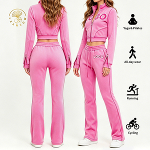 Set Due Pezzi Personalizzabile con Giacca con Zip e Pantaloni <span class=keywords><strong>Vintage</strong></span>, Felpa Corta con Cappuccio in Cotone, <span class=keywords><strong>Abbigliamento</strong></span> Casual da <span class=keywords><strong>Donna</strong></span> - Product Image 1
