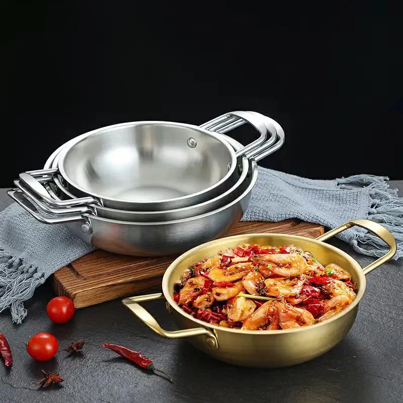 Pentola asciutta in stile coreano in acciaio inossidabile Mini pentola antiaderente per Paella con doppi manici per bollire la zuppa di Ramen di frutti di mare