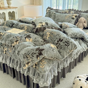 <strong>Double</strong>-layer Lace Trimmed, Soft Jersey Printed Bed Set with Four Pieces Bed <strong>Sheets</strong>, Pillowcases, Duvet Cover Sets - Product Image 2