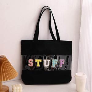 Sac à main en toile de coton personnalisé avec lettres brodées, sac fourre-tout en toile PVC transparente - Product Image 4