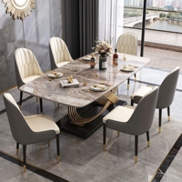 Table à manger moderne en pierre frittée, plateau en faux marbre, base en métal torsadé doré, table rectangulaire pour salle à manger