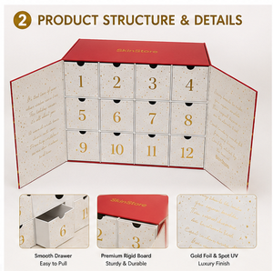 Boîte de calendrier de l'avent pour soins de la peau, en carton rigide, emballage beauté 12 jours, avec tiroirs à glissière fluide, structure réutilisable, logo personnalisé - Product Image 6
