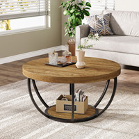 Table basse ronde, table basse circulaire en bois à 2 niveaux de 31,7 pouces avec étagères de rangement, table de cocktail moderne, table centrale