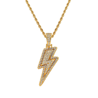 Pendentif Éclair en Laiton Plaqué Or/Argent CN204 Sertie de Zircons Cubiques avec Chaîne Corde, Collier Bijou Hip Hop Unisexe, Idéal Cadeau de Fête