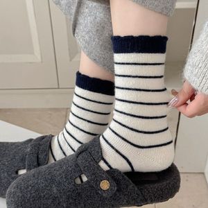 Women's Striped Mid Calf Socks Autumn Winter Warm Thermo Korean Style Lace Cropped Socks Polyester 95% - Product Image 4