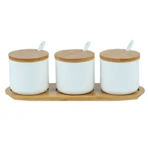 Set di bottiglie e barattoli in porcellana per alimenti da cucina in stile giapponese con coperchio in bambù sigillato vaso per condimenti in legno vaso per spezie in ceramica