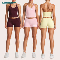 Ensemble de Pilates professionnel LORISOW pour femmes, soutien-gorge dos nu personnalisé avec logo, mini-short, vêtements de sport pour l'entraînement en salle de sport, fabricant