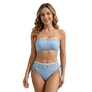 Women Bandeau Bikini Set Shell Textured Strapless 2 Piece Swimwear Drawstring Front Logo Quick Dry <b>Beach</b> Bathing Suit Wholesale - Product Image 4