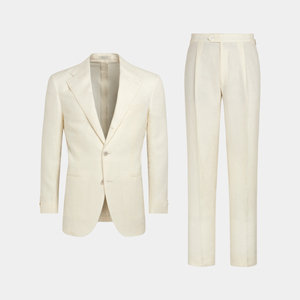 <span class=keywords><strong>Traje</strong></span> de <span class=keywords><strong>hombre</strong></span> de negocios de <span class=keywords><strong>lino</strong></span> <span class=keywords><strong>blanco</strong></span> cremoso delgado de un solo pecho - Product Image 5