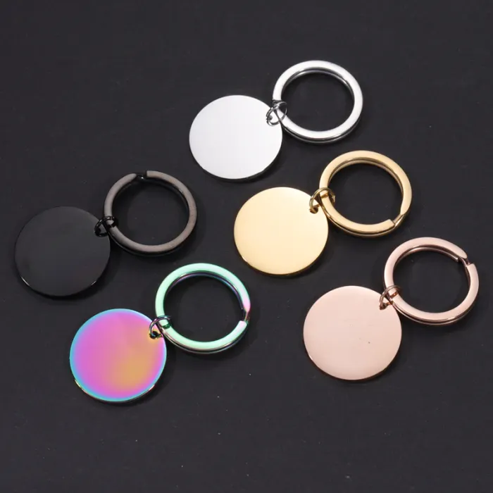 Round coin disc shape pendant key chain jewelry custom personalized logo message engraved stainless steel blank keychain for DIY