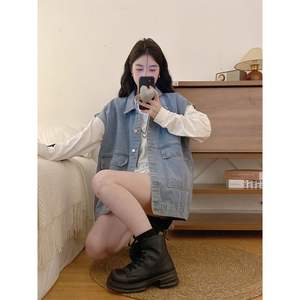 Hiromi so Women's High-End 2025 New Style Outerwear Denim Jacket Autumn/Winter <b>Vest</b> <b>Top</b> Outer Sleeveless Loose Fit Solid Color - Product Image 1