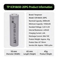 18650 Tenpower Lithium Battery 2000mAh 10C ICR18650 20PG 3.7V Rechargeable Battery for Power Tool Electric Drill Vacuum Cleaner