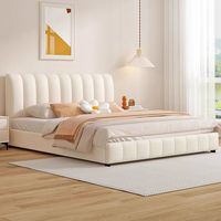 Cama Moderna Estilo Crema con Rayas Verticales, Tapizada, con Almacenamiento, Base Elevadora Hidráulica, Tamaño Doble/King