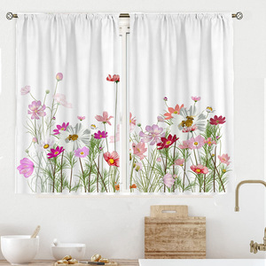 Juego De 3 Cortinas De Cocina Con Festón De Mariposas Y Cenefa, 3 Piezas Con Bolsillo Para Barra, Cortinas Para Dormitorio, Sala De Estar, Baño, Cafetería, Ventanas, Hojas Verdes, Flores Rosas