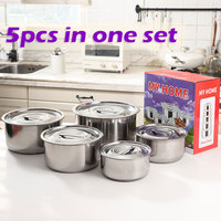 Lot de 5 Ustensiles de Cuisine en Acier Inoxydable, Casseroles et Batteries de Cuisson, Conteneur Alimentaire, Marmite à Soupe avec Couvercle en Acier