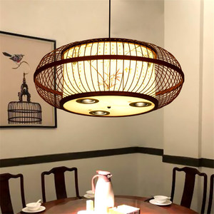 Lustre rond en bambou tressé de style chinois avec éclairage LED et spots pour restaurant ou salle privée - Product Image 2