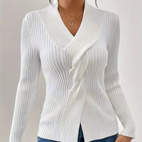 Col en V personnalisable pour femmes manches longues ourlet fileté fente Logo personnalisé pull d'hiver décontracté 52% Viscose 29% Polyester 19% Polyamide