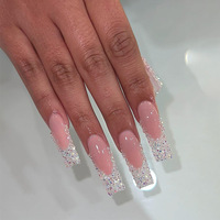 Faux ongles à presser longs carrés rose gelée brillant en ABS fabriqués à la machine, 24 pièces, avec strass et French manucure en V pour femmes