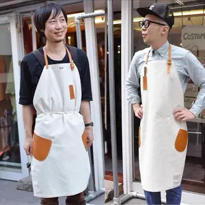 Mode Japanse Katoenen Schort Custom Logo Keuken Chef Barista Canvas Schort Verstelbare Barbecue Tuin Geborduurd Schort