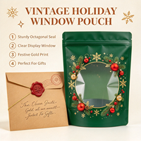 Pochette vert de Noël à fenêtre transparente, sac d'emballage réutilisable à fermeture éclair imprimé couronne de Noël pour bonbons et cadeaux