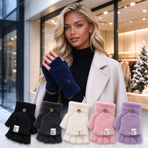 Gants sans doigts en fausse fourrure pour femmes, mitaines convertibles, gants mi-doigts chauds et moelleux pour l'hiver avec fermeture à bouton - Product Image 4