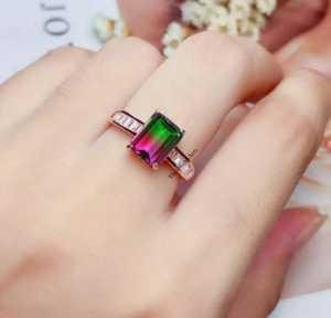 Bague de fiançailles en tourmaline bicolore et quartz, motif pastèque, haute qualité, design tendance, style Art Déco/traditionnel, faite à la main, cadeau pour - Product Image 3