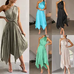 Womens Solid Color One Shoulder Loose Pleated Asymmetrical Swing Elegant Long Party Club Dress