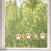 Autocollants personnalisés imperméables en PVC vinyle, autocollant décoratif électrostatique pour fenêtre, hibou kawaii, lune, étoile, imprimé UV, autocollant mural en verre