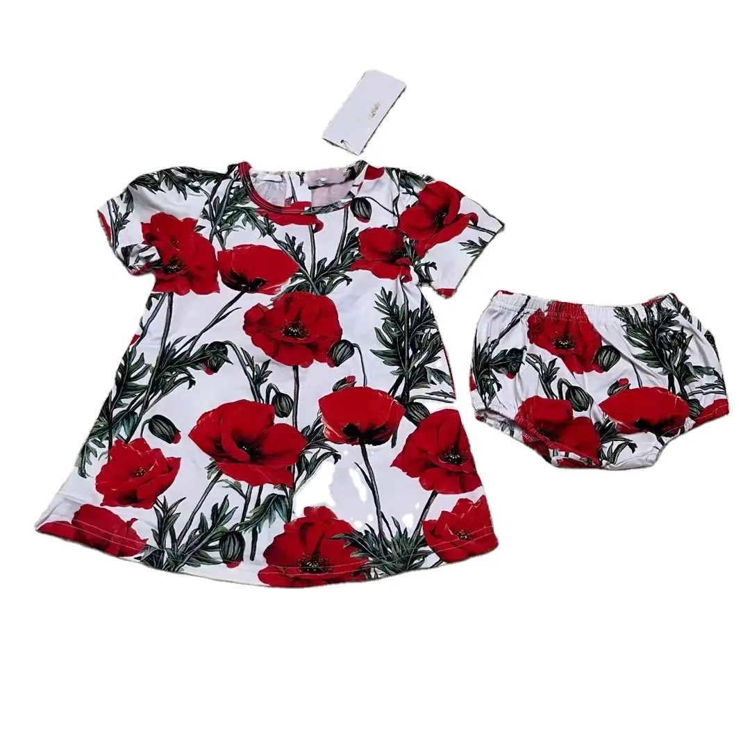 2023 summer New product launch Girls Round neck short sleeved printed dress and underpants Two piece set